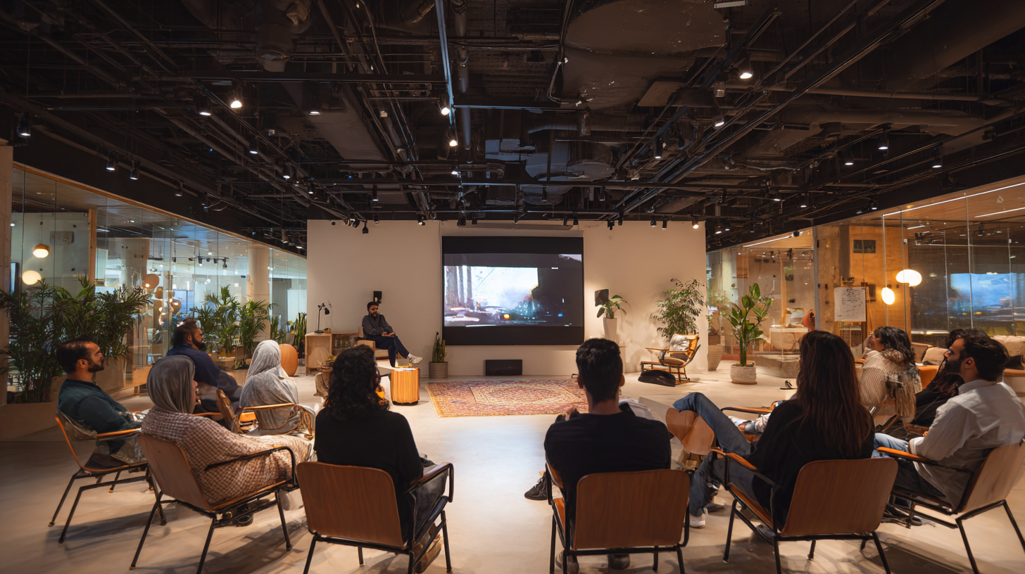Audience watching a screening in a modern creative space